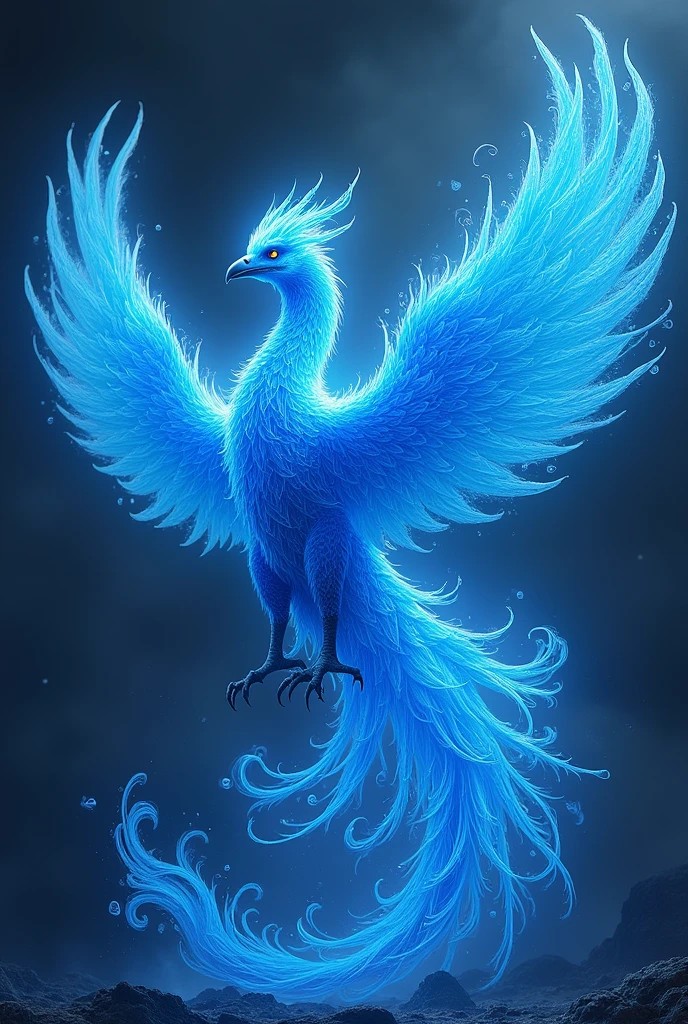 a blue phoenix with magic, have it like its melting blue lava or blue flame. don’t emphasize the face too much. shor its full body, expand it more and make it look like it is so powerful 