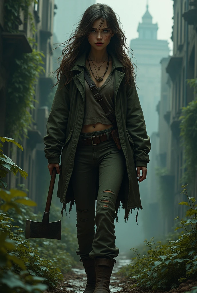 -High quality- -masterpiece- A beautiful woman, very cute, with long dark brown hair, green eyes, dirty face, dressed in a thick jacket, torn and dirty coat pants, dirty face, a scar on her right eye, holding an axe, in a destroyed city at night full of vegetation