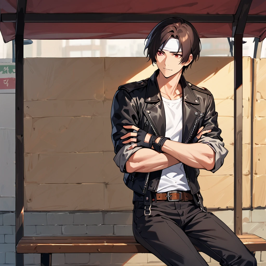 1, male, dark hair, sallow skin, red eyes, ((black leather jacket with rolled up arms)), fingerless gloves, white T-shirt, black long pants, ((white headband)), white shoes, brown belt, cute, indoor-oriented, charming, first class, neat face, neat eyes, Japanese man sitting on bus stop bench. Frontal view. Eyes wide open, gaze slightly upward, mouth half open.