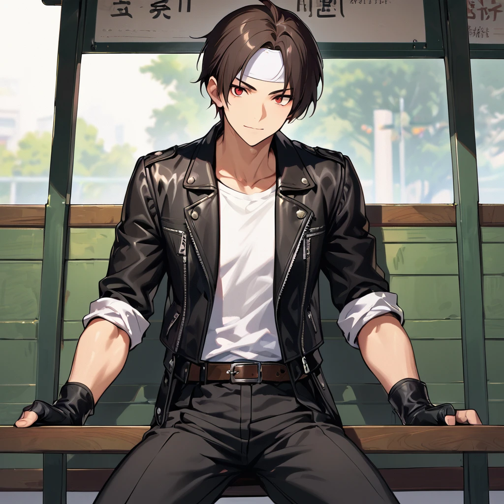 1, male, dark hair, sallow skin, red eyes, ((black leather jacket with rolled up arms)), fingerless gloves, white T-shirt, black long pants, ((white headband)), white shoes, brown belt, cute, indoor-oriented, charming, first class, neat face, neat eyes, Japanese man sitting on bus stop bench. Frontal view. Eyes wide open, gaze slightly upward, mouth half open.