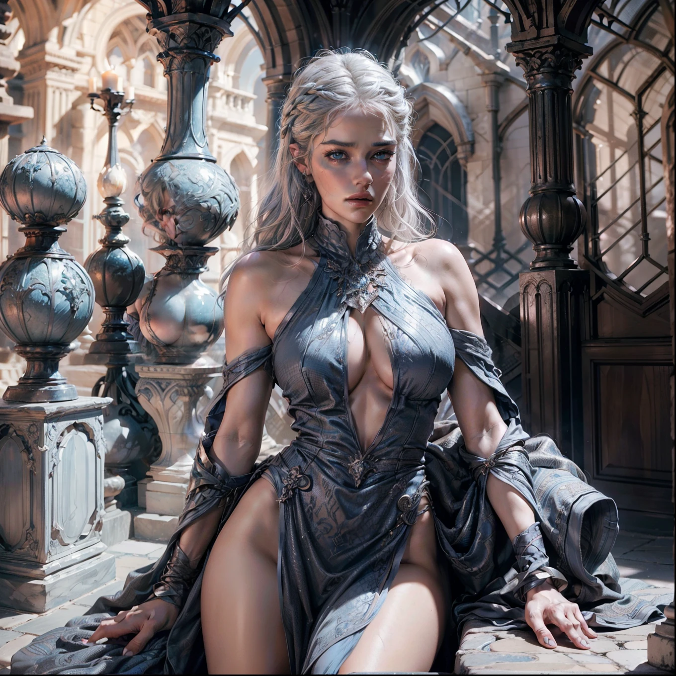 ((Best Quality)), ((Masterpiece)), (Detail: 1.4), 3D, (Kneeling: 1.7), (Silver: 1.9), (Bun: 1.3), Face Close-up, Extremely Normal Hands, Extremely Normal Legs, Elf Long Ears, High Heels, HDR (High Dynamic Range), Ray Tracing, NVIDIA RTX, Super-Resolution, Unreal 5, Subsurface Scattering, PBR Textures, Post Processing, Anisotropic Filtering, Depth of field, maximum sharpness and sharpness, multi-layered textures, albedo and specular mapping, surface shading, accurate simulation of light-material interactions, perfect proportions, Octane Render, two-color light, large aperture, low ISO, white balance, rule of thirds, 8K RAW,