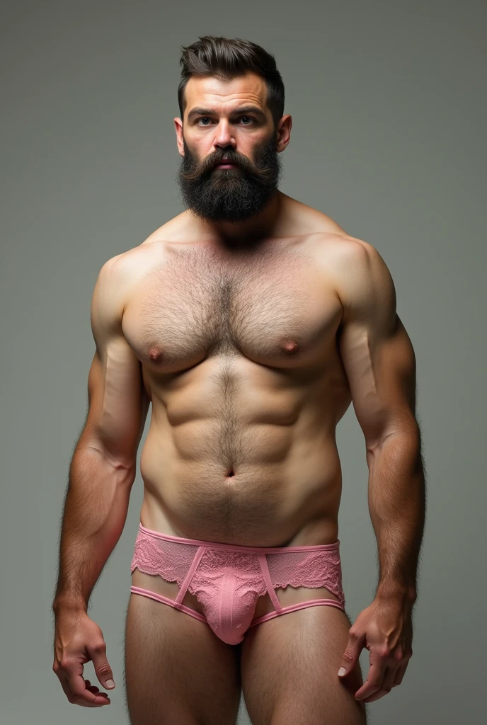 a bearded man with the body of a sexy naked woman with huge breasts and feminine girly toned body wearing pink panties. He is shocked