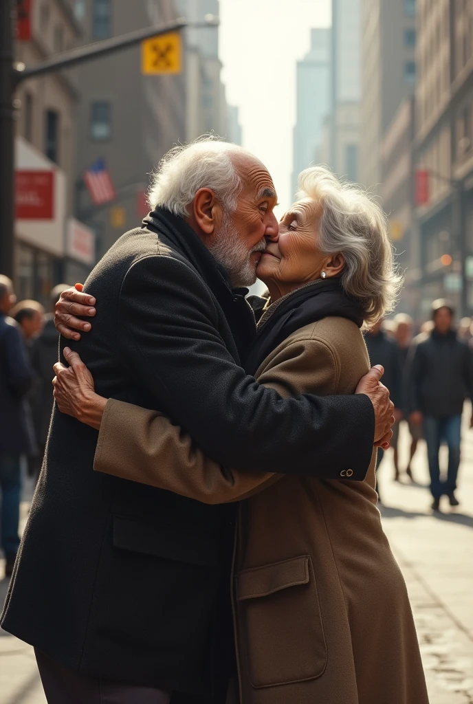Grandpa grandpa hugs old woman on the street