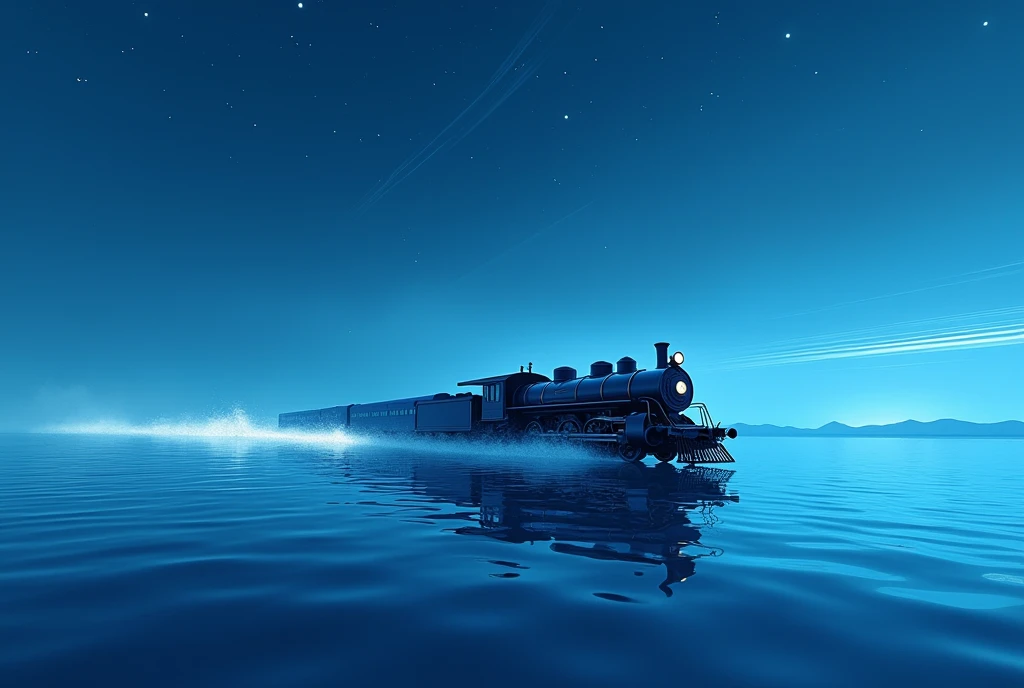 score_9, score_8_upper, score_7_upper,Train running on water,レトロな列車beautiful青い水面,(((Side Angle))),Angle from a distance,(((Blue Art Style))),summer,horizontal line,Starry Sky,Streaks of Light,(masterpiece, Highest quality, Highest quality, Official Art, beautifull, beautiful:1.2,Ray Tracing),Very detailed,Blue tones,Very detailed, Most detailed, High resolution, Impressive visuals, Vibrant colors ,Detailed Images