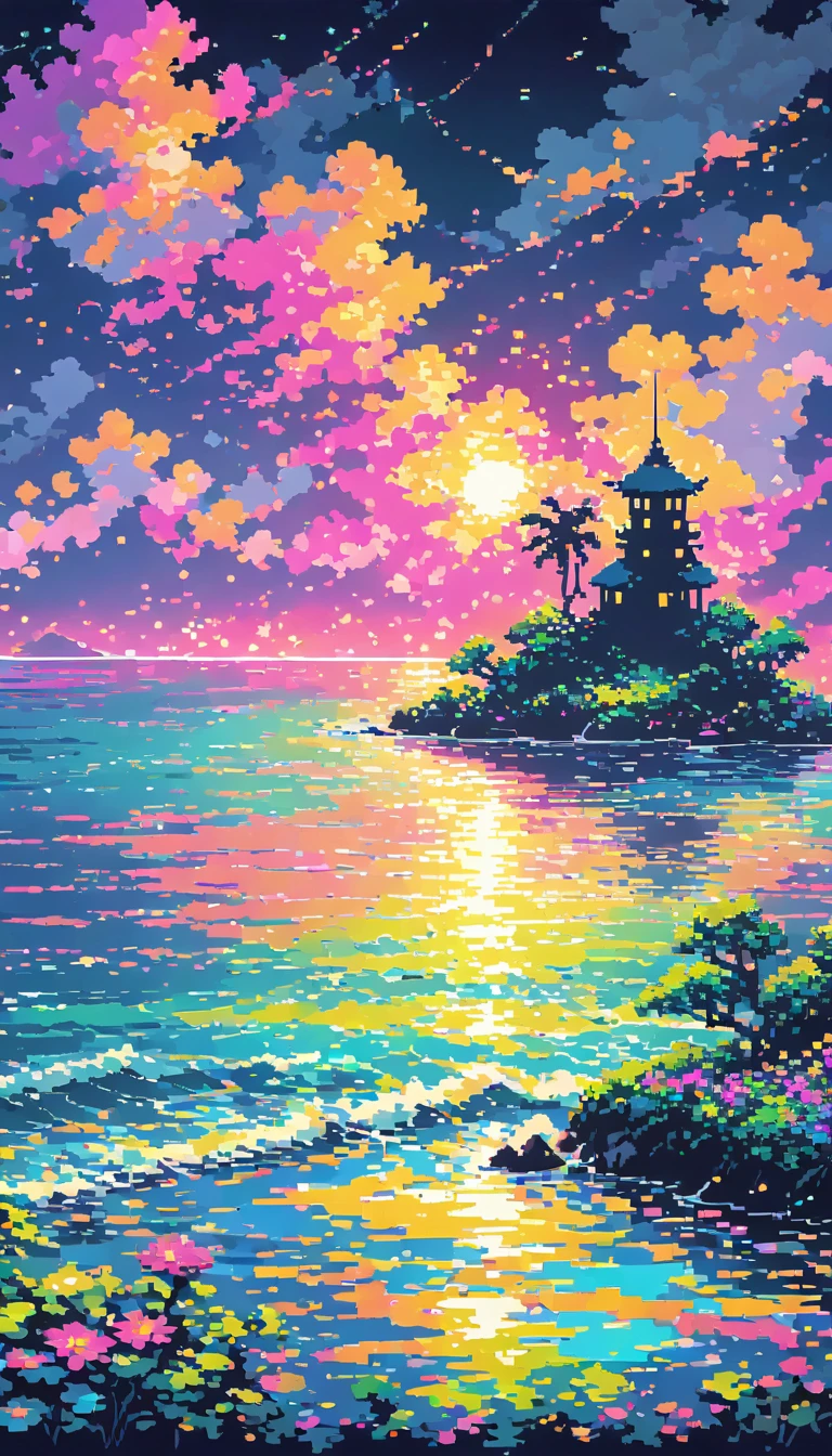 dark neon Magical Witch pixel ,nature sea landscape, No people