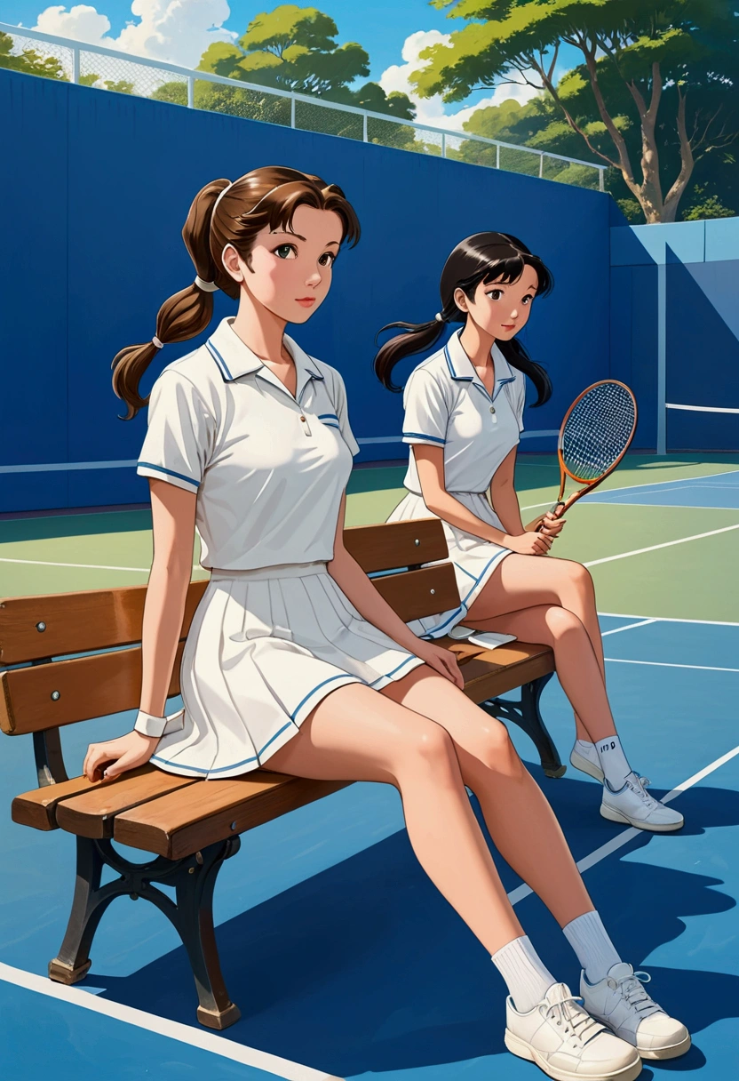 Create an idyllic image of two young women in anime style, One is a British woman with brown hair who wears a ponytail as a hairstyle, she is dressed in a white 1950s tennis outfit and carries a racket in her hand, next to her a beautiful Asian woman with long black hair who wears a long braid as a hairstyle and is dressed in a white 1950s tennis outfit and carries a racket in her hand, on her feet they have white sneakers and socks, they are sitting on a bench next to a blue tennis court