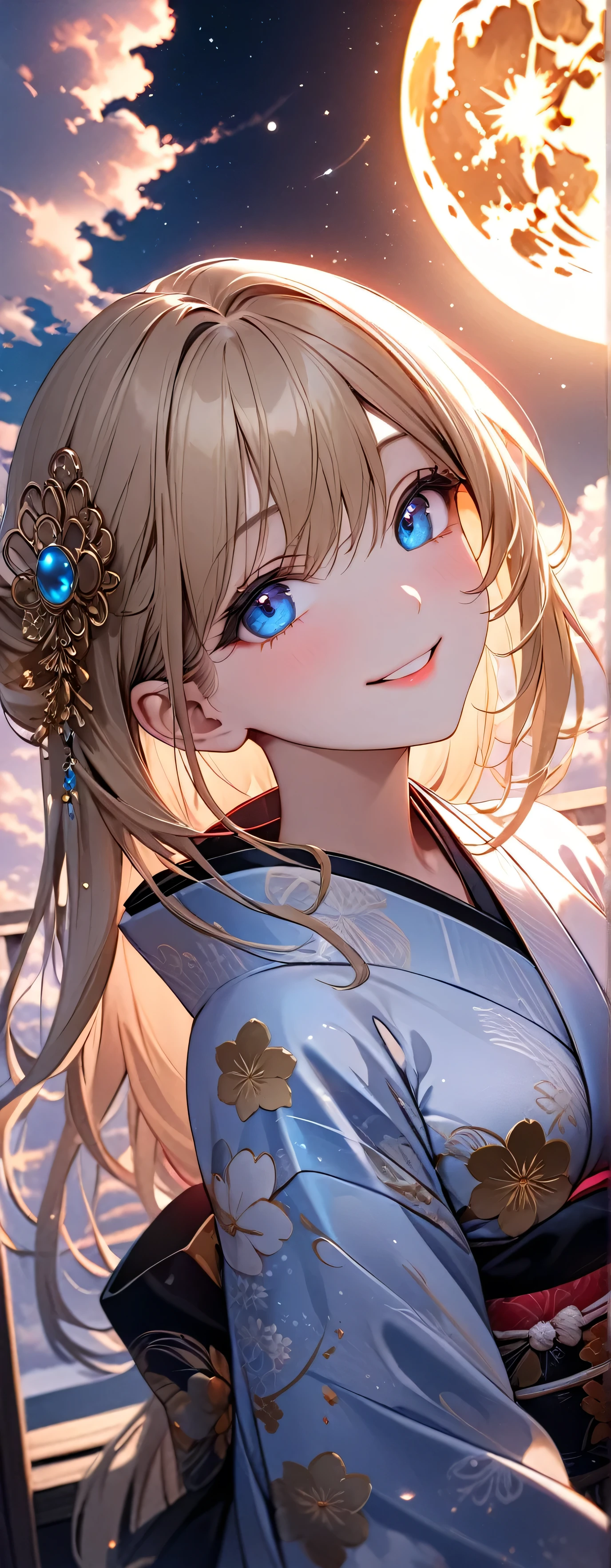 (beautiful girl: 1.3),1girl,masterpiece, Highest quality, Ultra-high resolution,Rich contrast,super high quality,8k,Highly detailed CG unit wallpaper,texture,Unbelievably absurd,Ultra-high resolution,RAW Photos,Depth of Field 1.2,(Beautiful and detailed kimono),smile,Light blue eyes,Very fine eye,bigeyes,Droopy eyes,White skin,blonde,Long Hair,moon between the clouds,stardust,,mystic glow,phantom moon,overlooking,(magnificent panorama view:1.3),(Looking Up 1.3),Veranda,She is gazing at the moon,voluptuous,Her kimono is open from her shoulders, exposing her breasts.,((kissing))