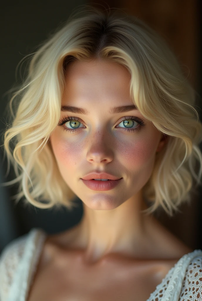 beautiful woman, blonde girl with short wavy hair and medium breasts, solid circle eyes, light smile, GREEN EYES, fang, ccurate, Surrealism, drop shadow, anaglyph, stereogram, tachi-e, pov, atmospheric perspective, 8k, super detail, best quality