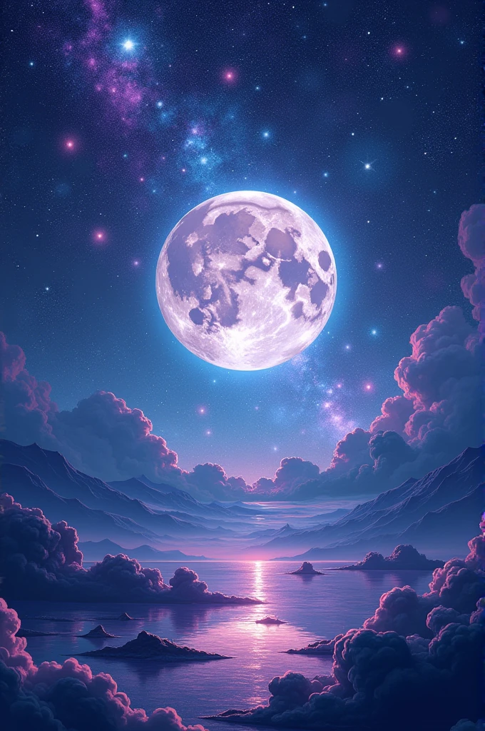The moon is surrounded by many, many glowing stars. The starry sky is twinkling and the light trails are even brighter. Surreal scene. Beautiful stunning composition. Subtle shadows and highlights. Dark blues, light blues and greens, and purple tones. More color layers. Transformation Mystery Vibrant Tones Action Painting Highly Detailed HD