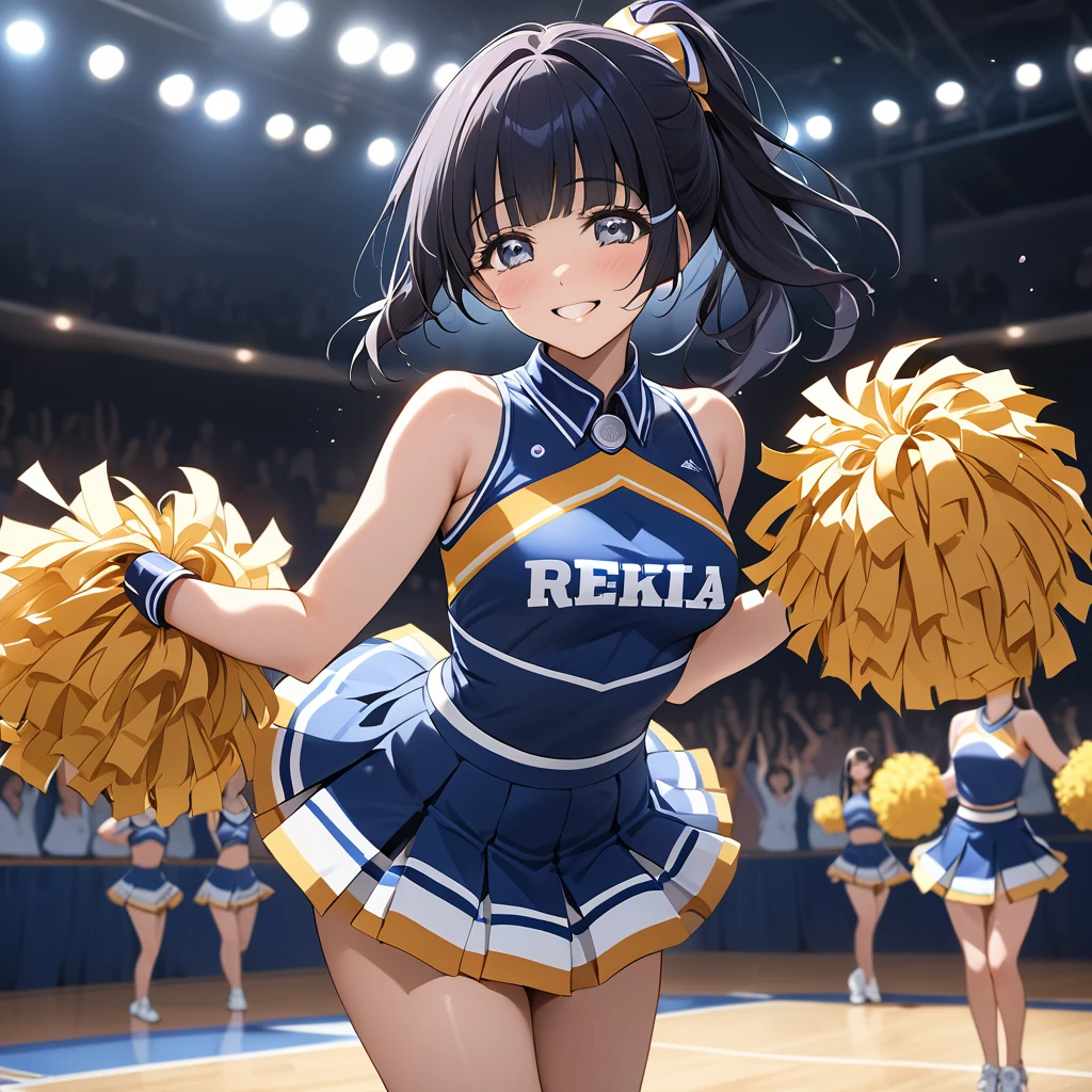 ((Highest quality)), ((masterpiece)), (detailed), （Perfect Face）、The woman is Reika Aoki with semi-long hair、The woman is wearing a cheerleading costume and dancing the cheerleading dance with a smile