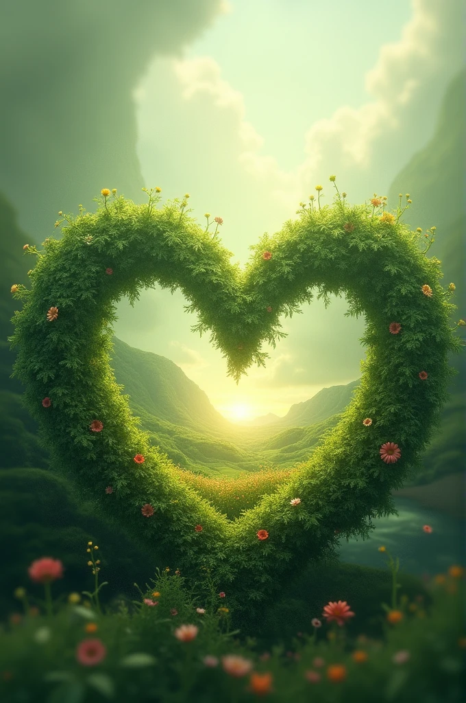 Give me a soothing picture of a heart shape covering with the mother of nature.
