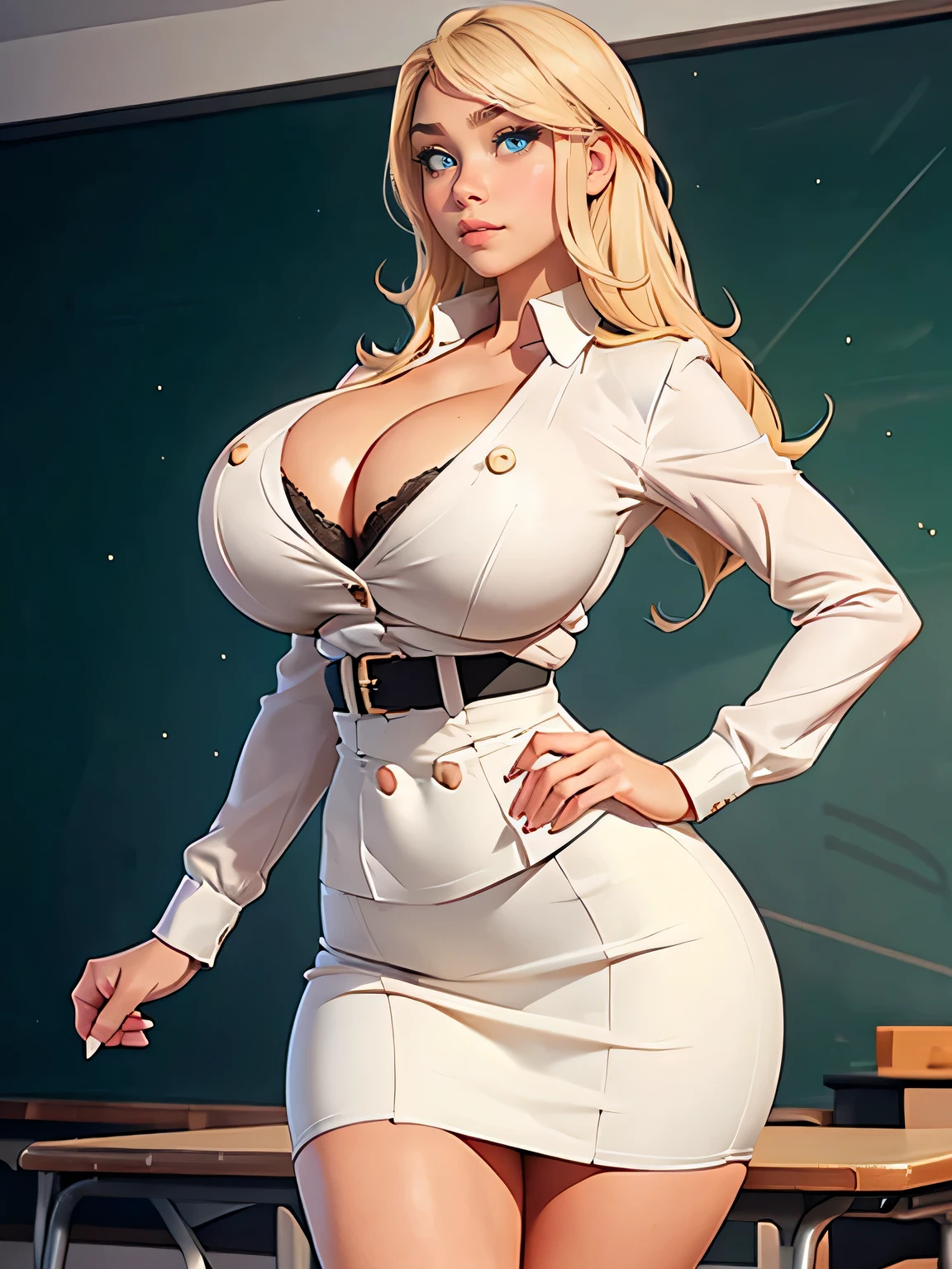 full length photo, in a school classroom, (extremely huge breasted busty blonde teacher with a huge round cantilevered chest:1.3), (Lindsey Pelas:Kate Upton:0.5), white blouse, short pencil skirt,tall, slender, fit, narrow waist, narrow hips, long slender legs