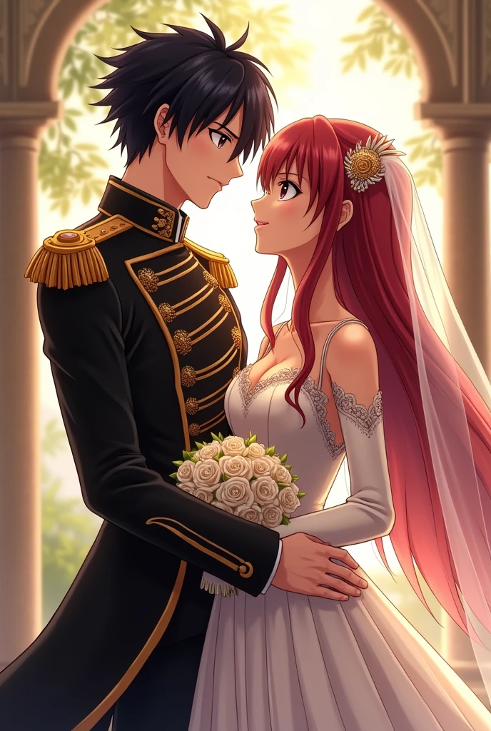 A wallpaper of the wedding day between Erza Scarlet with her husband. The man is black haired, black eyes, have an introvert personality. He is wearing a blackgold uniform. The main title to write is "Rai Sonata X Erza Scarlet"