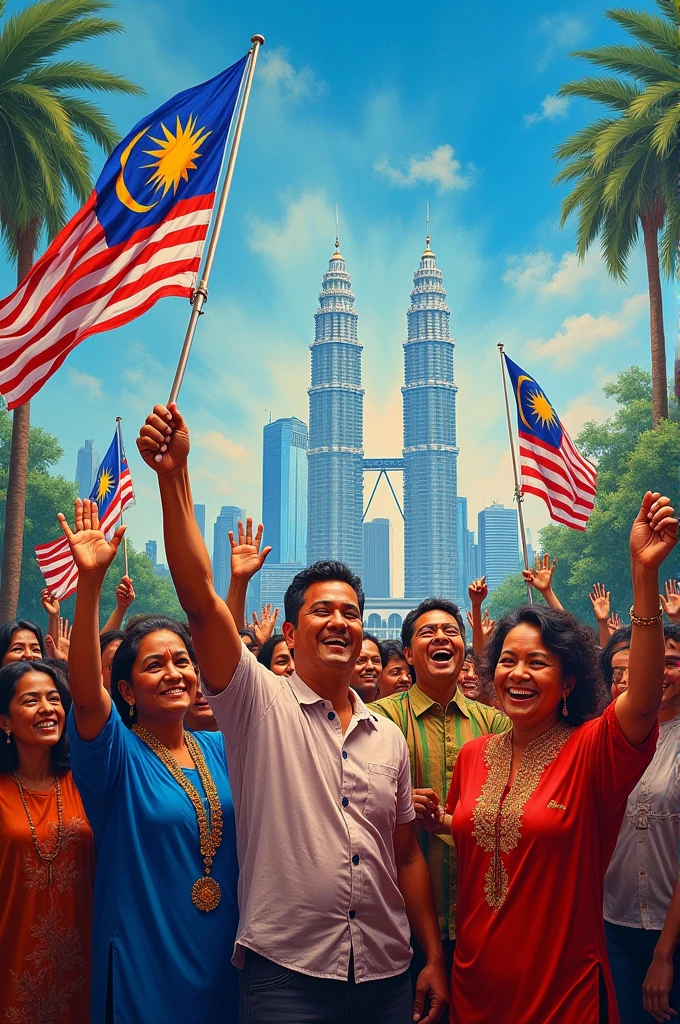 produce a picture of a painting on the theme of Malaysian independence