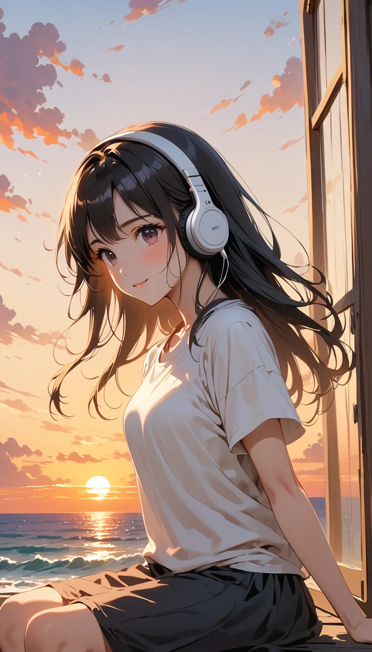 「A girl sitting by a window overlooking the sunset and waves。She puts on headphones、Wearing a T-shirt、Drinking coffee while feeling sleepy。The soft light of the setting sun gently illuminates her face、The shadows add a light accent to the cheeks.。Her eyes are half closed、With a gentle smile、It creates a relaxed atmosphere。Immersed in music、A pleasant breeze gently sways my hair、Outside the window, you can see the beautiful purple and orange gradation of the sunset and the waves.、Ghibli-style scenery spreads out before you。--ar 4:2」