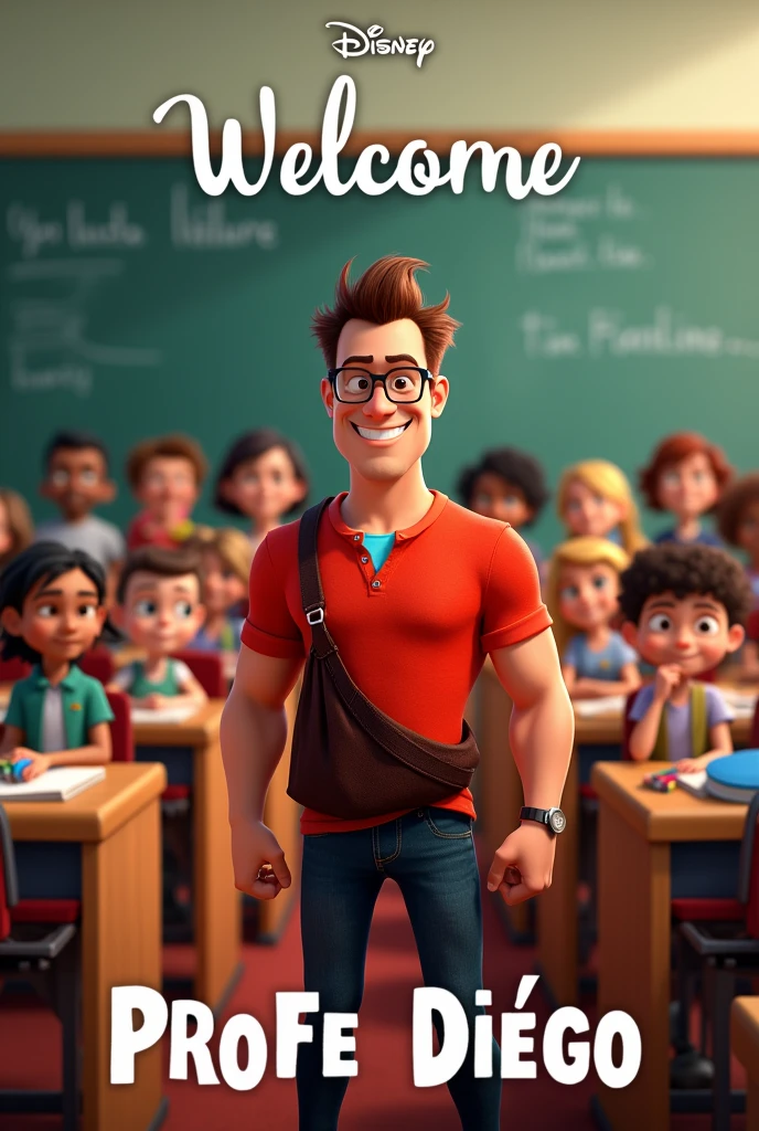 Create a Wreck-It Ralph movie cover as a happy teacher with glasses with his students behind him in a classroom. At the top it should say WELCOME and at the bottom should be the text Profe Diego in Spanish the texts