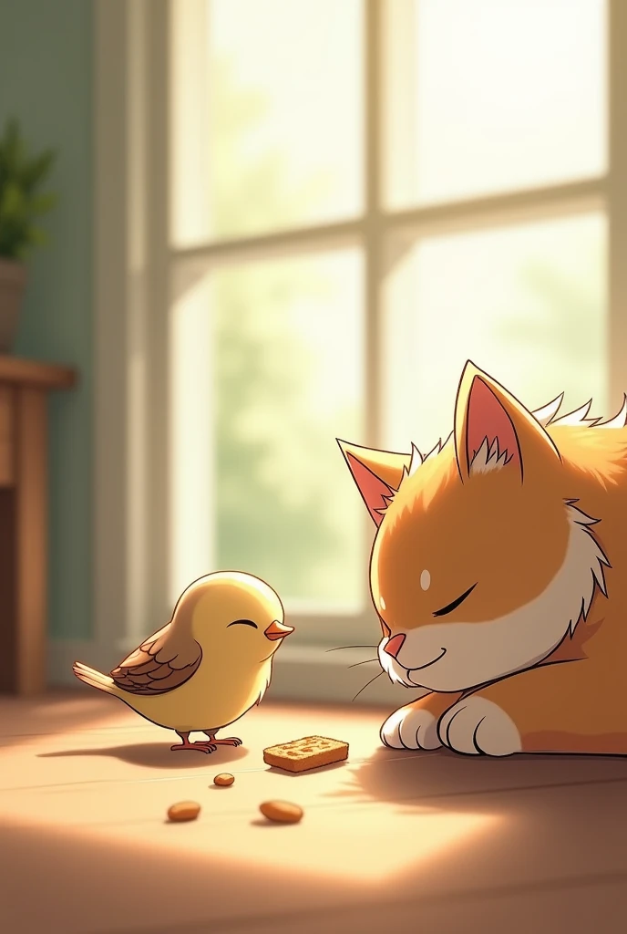 The little bird then saw Piko and, cleverly, fly closer. They looked at each other, Piko snores softly, while the bird chirps softly. As if understanding that they don&#39;t need to be enemies, the bird flew lower and started pecking at the bread crumbs near the window.