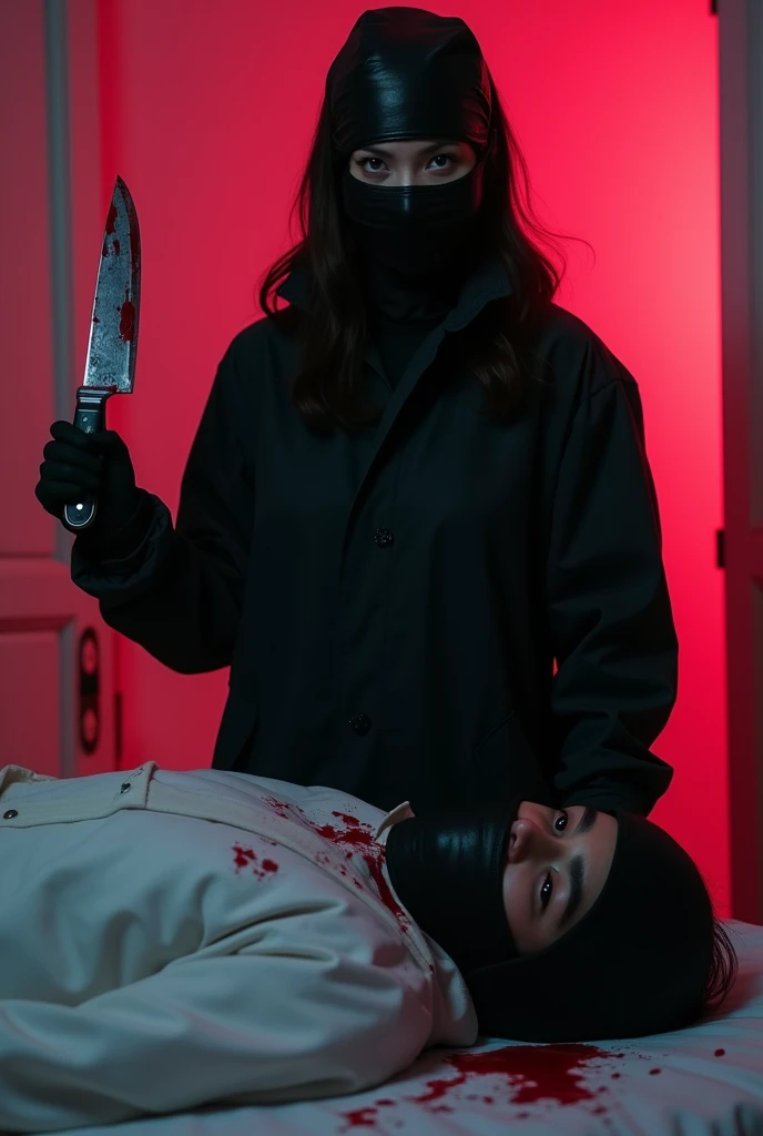 korean girl, (behind stiff, holding knife), stabbing, leather balaclava mask, black gloves, black raincoat, bloody knife, black gloves, woman on top, behind cadaver, blood splatter, on the bed, looking at viewer, mass murderer, killer, blood splatter, dark atmosphere, cinematic lighting, atmospheric realistic, [pink room:0.5]
