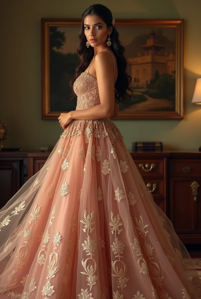 (full body shot:1.5), (Masterpiece:1.1), (Indian babe:1.5), inspired by Amy Jackson, she is in standing position, 1girl, solo girl, 1 girl, ultra realistic face, hyperrealistic, hyperdetailed, (looking at viewers), sharpen, detailed face, detailed eyes, detailed lips, red lips, average face, 16k, FHD, raw photo, cute face mesh, pretty face mesh, girl in luxury office, beautiful hair style, ((elegant flared frocks with sleeves, symmetrical frocks, embroidery flared frock, flared dress, princess looking, princess outfit, see-through)), intricate, extremely detailed, (long areola, close cleavage), scattering surface, ultra realistic texture, smooth skin, realistic face, glow lip, glow face, very_high_resolution, perfect figure, beautiful curved body, fit body, (elegant high heel), club hair ornament, well educated wealthy girl