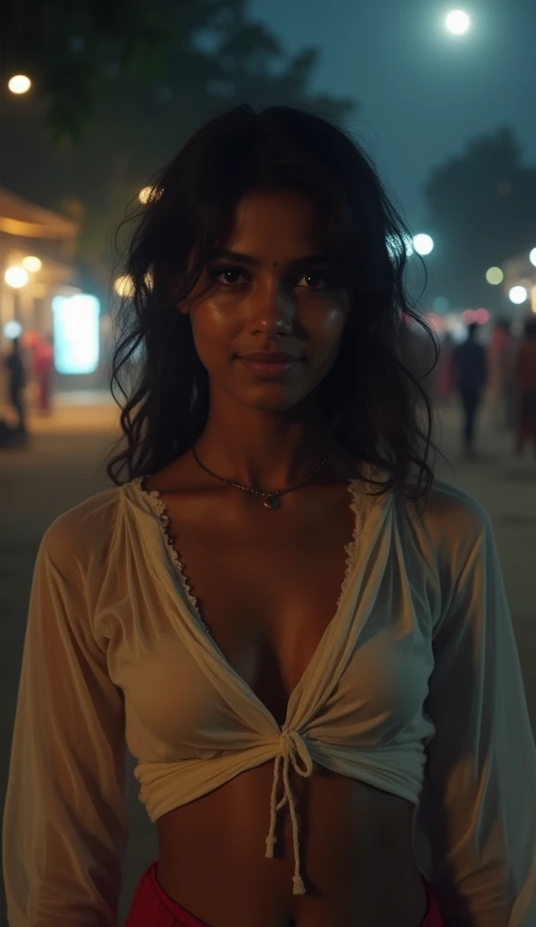 (photorealism:1.2), At the night in full moon day, a ugly poor Hindu religion fully naked dusky skin Tamil girl of age 18 with small glimpse of smile in her face trying to wear front fully torn loose transparent blouse without any inner which is very loose and neck line, fully unbuttoned till bottom, fully open in the middle to show clear view of nude cute growing boobs in a busy village, candid casual photo