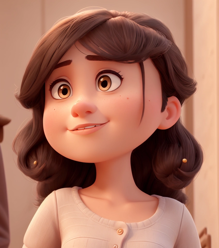 A beautiful young woman inspired by Disney Pixar animation, up close. The character is the center of attention with captivating facial expressions. He has short black eyes and hair.. normal clothes.