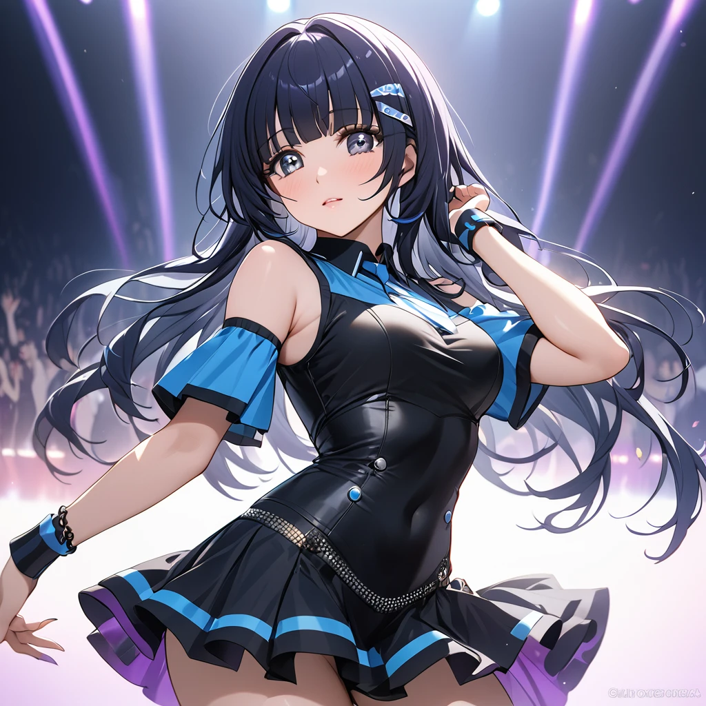 ((Highest quality)), ((masterpiece)), (detailed), (Perfect Face)、The woman is Aoki Reika, has medium-long hair and is a member of a K-POP girl group.、The woman is wearing a cool costume from a K-pop girl group and dancing a K-pop dance.