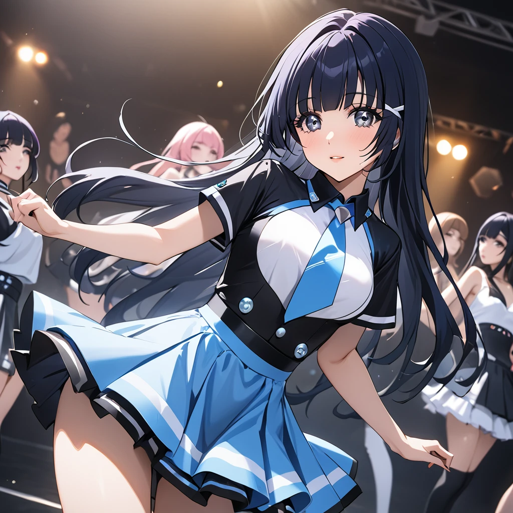 ((Highest quality)), ((masterpiece)), (detailed), （Perfect Face）、The woman is Aoki Reika, has medium-long hair and is a member of a K-POP girl group.、The woman is wearing a cool costume from a K-pop girl group and dancing a K-pop dance.