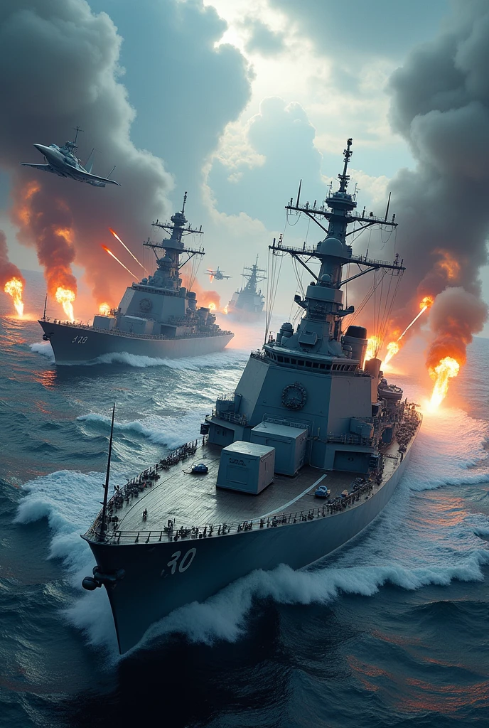 High-resolution photo of a naval battle between China and the United States, featuring modern warships, missile launches, and intense sea skirmishes, with dramatic lighting and a turbulent ocean backdrop, masterpiece, best quality, 4k, realistic style, dynamic lighting, depth of field, detailed ships, detailed battle scene.