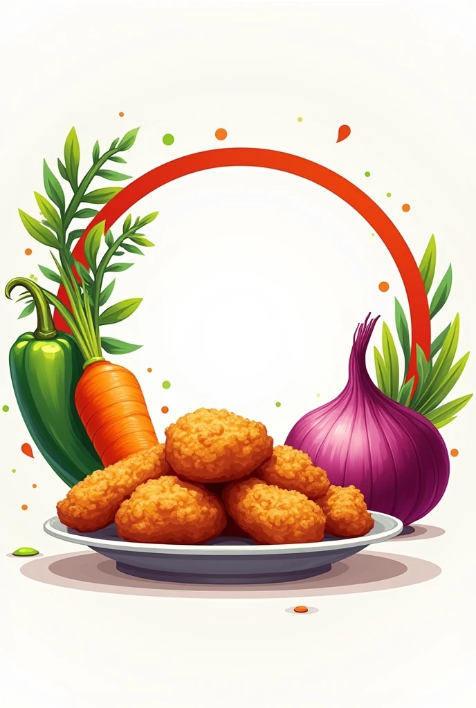 I want an image of the following. I just want a simple illustration like a brand or logo of the following. A space margin in the circle part for a name. A circular design with illustrations with super vivid colors of a Chile onion.,carrot and with a plate of fried chicken on the side.