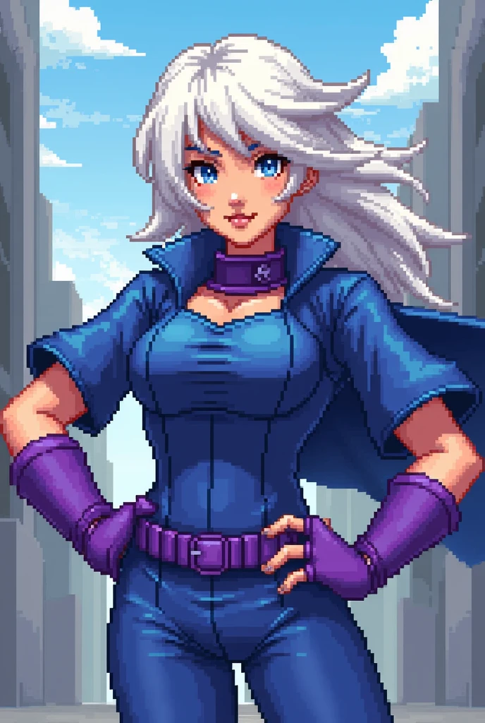 A hero named Eris, with white hair and blue clothes wearing purple gloves he is brave and strong (em pixel art)