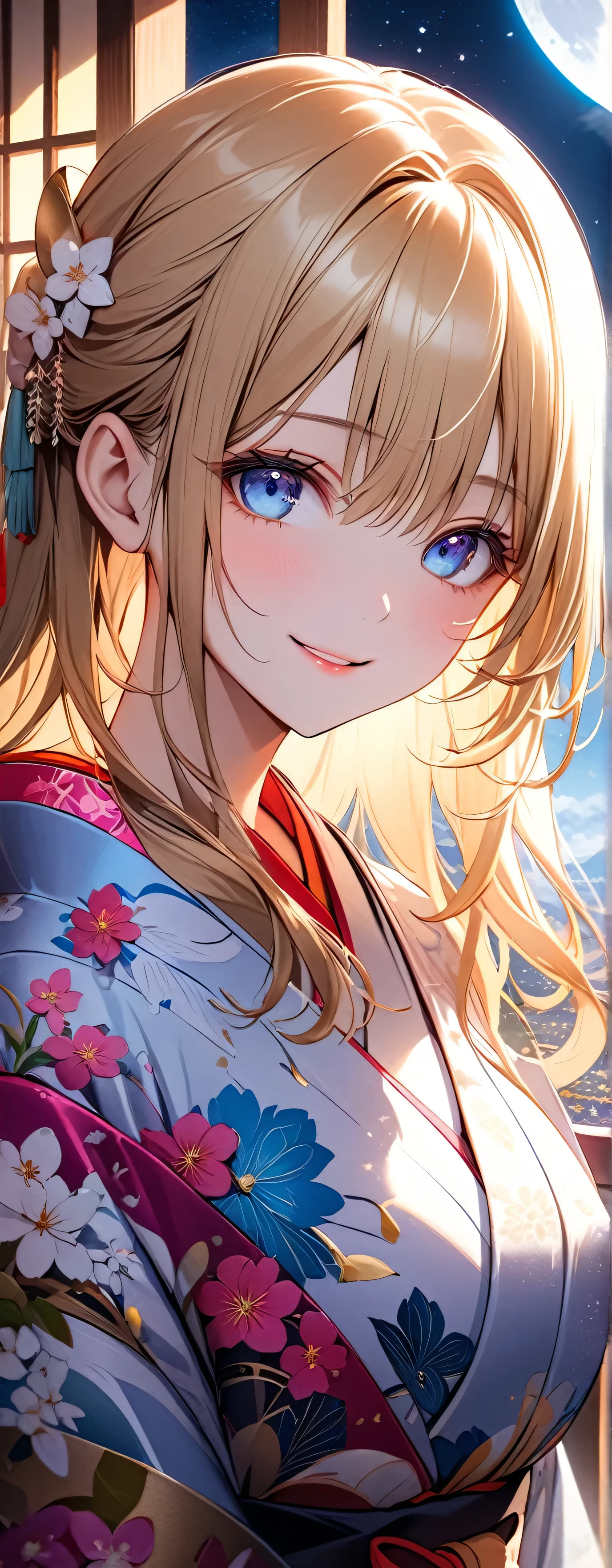 (beautiful girl: 1.3),1girl,masterpiece, Highest quality, Ultra-high resolution,Rich contrast,super high quality,8k,Highly detailed CG unit wallpaper,texture,Unbelievably absurd,Ultra-high resolution,RAW Photos,Depth of Field 1.2,(Beautiful and detailed kimono),smile,Light blue eyes,Very fine eye,bigeyes,Droopy eyes,White skin,blonde,Long Hair,moon between the clouds,stardust,,mystic glow,phantom moon,overlooking,(magnificent panorama view:1.3),(Looking Up 1.3),Veranda,She is gazing at the moon,voluptuous,Her kimono is off her shoulders.,((kissing))