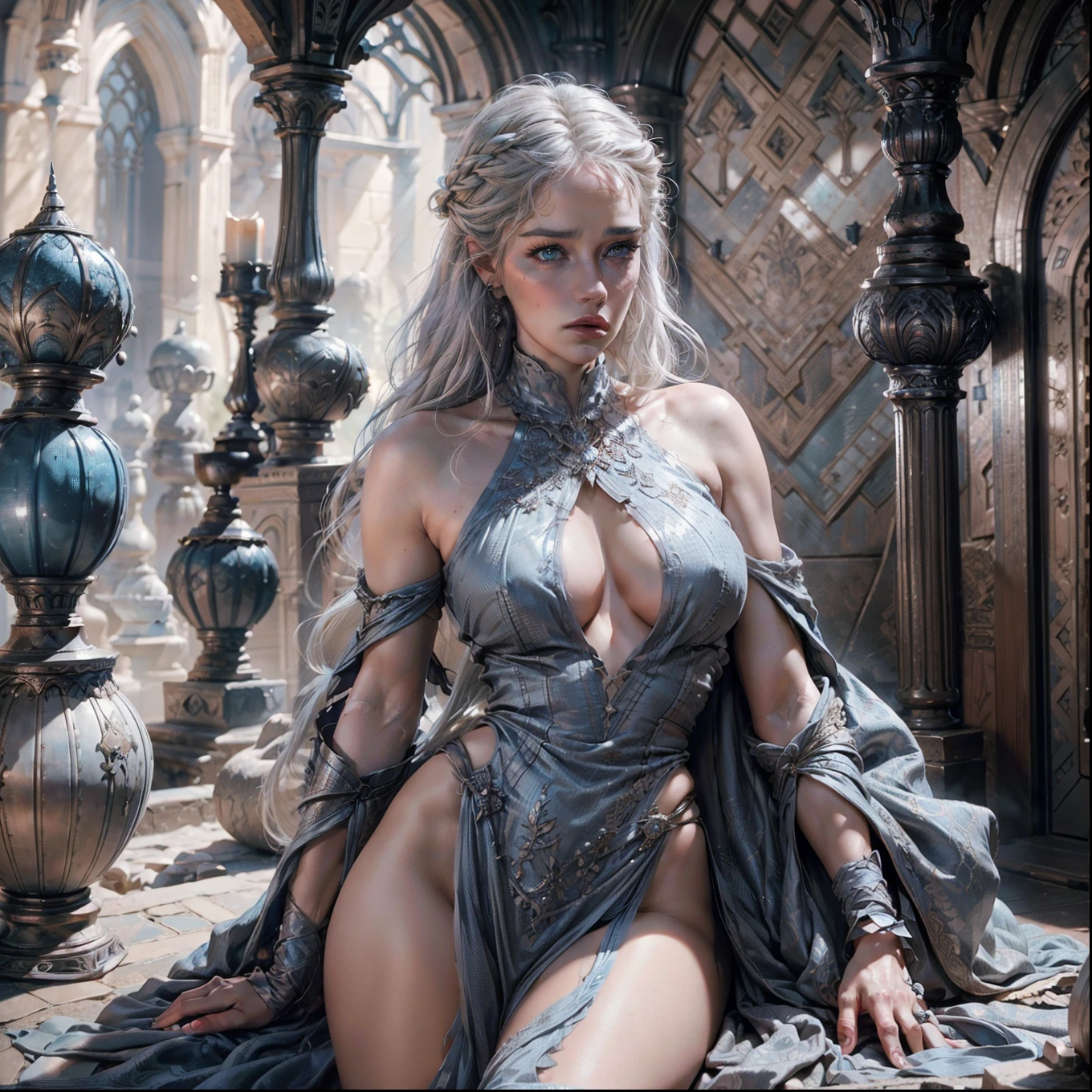 Deanerys Targeryan, a beautiful nude woman, large breasts, grey hair, blue eyes, slender muscular body, seductive gaze, detailed face, extremely detailed eyes, detailed lips, long eyelashes, fantasy, cinematic lighting, dramatic colors, highly detailed, photorealistic, 8k, best quality