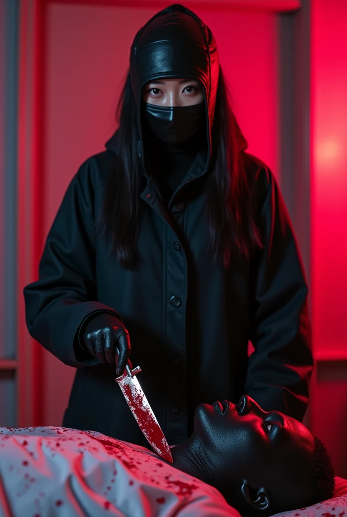 korean girl, (behind corpse, surgical mask), blood splatter, holding knife, stabbing, black gloves, room full of blood, transparent raincoat, hood up, holding knife, black gloves, behind corpse, short hair, night, mass murderer, robbery, in the hotel, light from the window