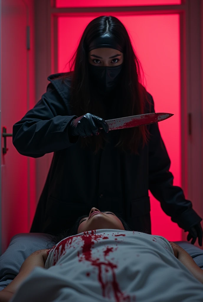 korean girl, (behind stiff, holding knife), stabbing, leather balaclava mask, black gloves, black raincoat, bloody knife, black gloves, woman on top, behind cadaver, blood splatter, on the bed, looking at viewer, mass murderer, killer, blood splatter, dark atmosphere, cinematic lighting, atmospheric realistic, [pink room:0.5]
