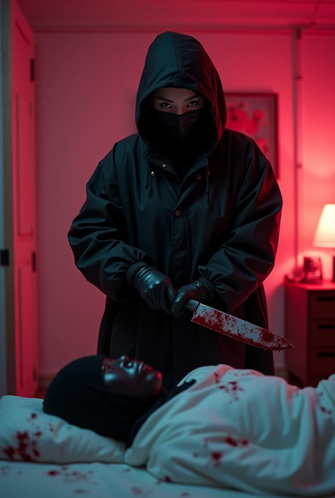 korean girl, (behind stiff, holding knife), stabbing, leather balaclava mask, black gloves, black raincoat, bloody knife, black gloves, woman on top, behind cadaver, blood splatter, on the bed, looking at viewer, mass murderer, killer, blood splatter, dark atmosphere, cinematic lighting, atmospheric realistic, [pink room:0.5]
