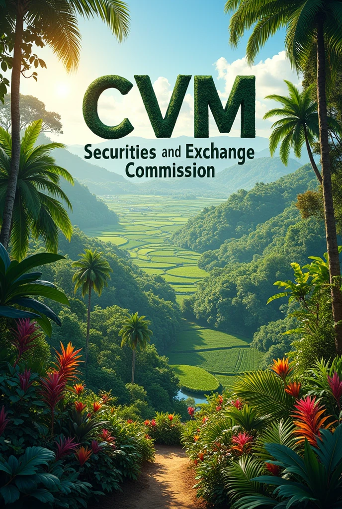 create a slideshow cover with the letters CVM stamped as the title, and as a written subtitle: Securities and Exchange Commission, and in the background a Brazilian farm full of trees and plantations, and a lush tropical garden

