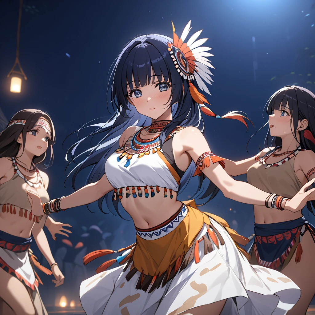 ((Highest quality)), ((masterpiece)), (detailed), （Perfect Face）、The woman is Reika Aoki with semi-long hair、The woman is wearing a primitive tribal dance costume and is dancing a tribal dance.