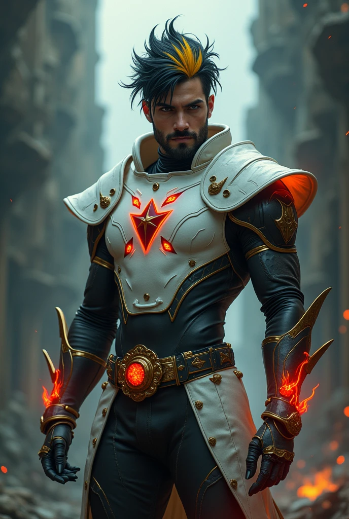 Male age 35, latin, elegant beard, short black visual kei hair, yellow hair part, sexy sight, white plate armor, armor breastplate with a pair four-pointed red stars, a gold belt buckle with fire crystal, black leotard, plate belt, plate wristband, armor boots with red flames, cyberpunk japanese style, athletic strong, magic powers, action, black cat nails, crazy pose, dark ruins backgroud, full body