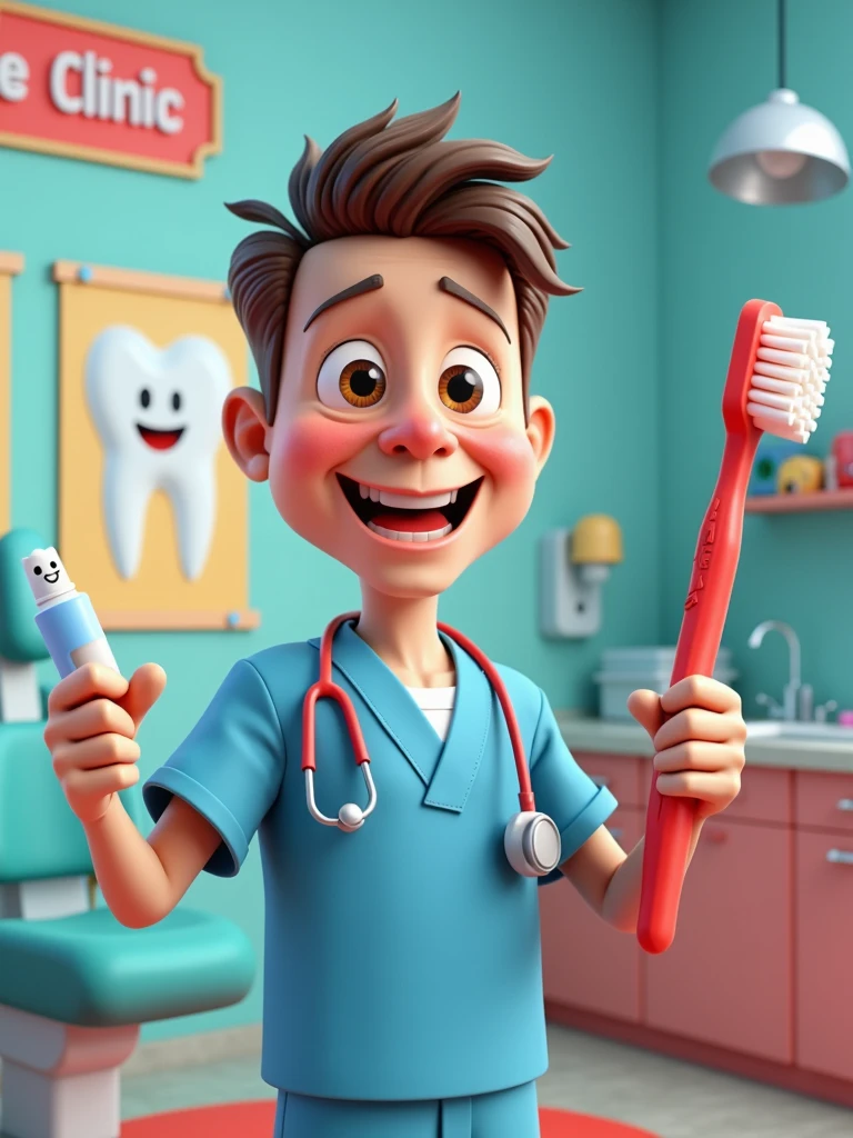 Create for the 3D Avatar Pixar Disney character from a friendly dentist for children's and adult videos called 'Dental Care Clinic'. The dentist must have a cheerful expression, large eyes and no round glasses and a warm smile. Your hair should be short and well. He uses bright blue exfoliations with a stethoscope around his neck and is portrayed with fun exaggeration, including large sparkles in a vibrant red color. The background presents a fun and inviting dental office, complete with a colorful dentist chair, bright healthy tooth posters on the walls and a small shelf full of toys with dental themes. The 'Dental Care Clinic' plate is featured with prominence. The dentist is holding a giant toothbrush in one hand and the other hand holding toothpaste