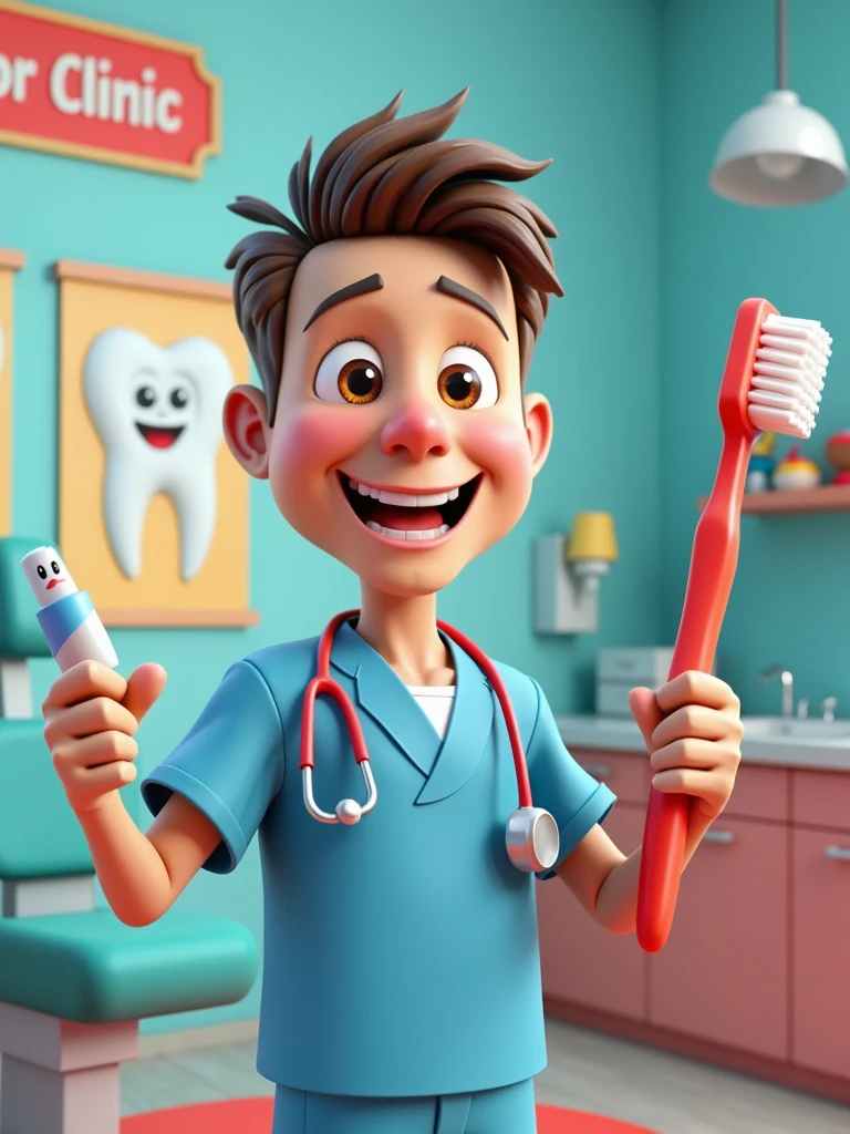 Create for the 3D Avatar Pixar Disney character from a friendly dentist for children's and adult videos called 'Dental Care Clinic'. The dentist must have a cheerful expression, large eyes and no round glasses and a warm smile. Your hair should be short and well. He uses bright blue exfoliations with a stethoscope around his neck and is portrayed with fun exaggeration, including large sparkles in a vibrant red color. The background presents a fun and inviting dental office, complete with a colorful dentist chair, bright healthy tooth posters on the walls and a small shelf full of toys with dental themes. The 'Dental Care Clinic' plate is featured with prominence. The dentist is holding a giant toothbrush in one hand and the other hand holding toothpaste