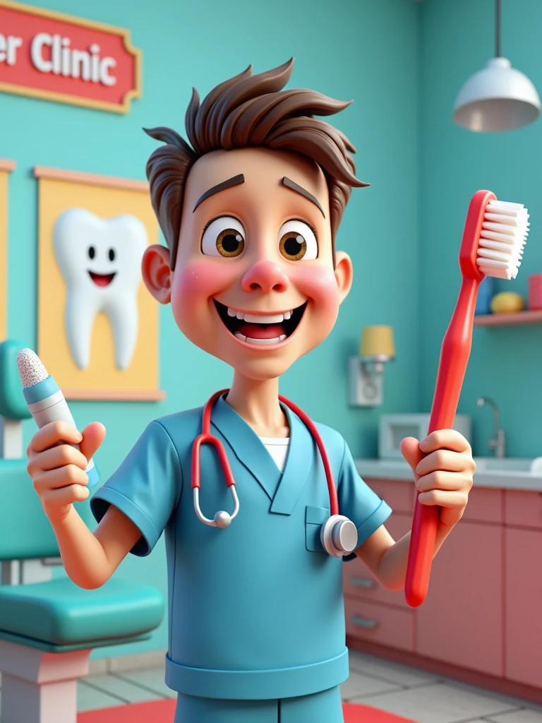 Create for the 3D Avatar Pixar Disney character from a friendly dentist for children's and adult videos called 'Dental Care Clinic'. The dentist must have a cheerful expression, large eyes and no round glasses and a warm smile. Your hair should be short and well. He uses bright blue exfoliations with a stethoscope around his neck and is portrayed with fun exaggeration, including large sparkles in a vibrant red color. The background presents a fun and inviting dental office, complete with a colorful dentist chair, bright healthy tooth posters on the walls and a small shelf full of toys with dental themes. The 'Dental Care Clinic' plate is featured with prominence. The dentist is holding a giant toothbrush in one hand and the other hand holding toothpaste