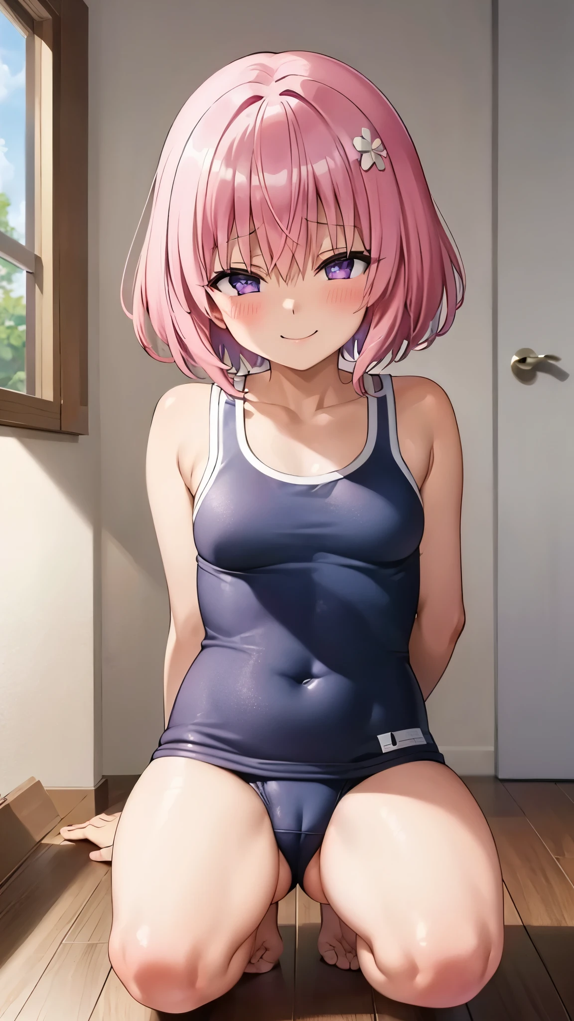 8k,Highest,quality,(highest quality:1.1), (masterpiece:1.4), (Confused:1.0), 
1 person, Deviluke Type, hair ornaments, Bobcut, Short Hair Pink Hair, Purple eyes,Medium chest ,(School Swimsuit), Her Room, (blush:1.2), smile,（Perfect Fingers）,Squat,Spread your legs ,ass pov,Heavy breathing,masturbation,Pussy Line,mesugaki,
