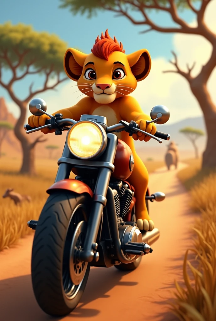 Simba making delivery by riding a motorcycle 