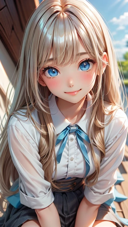 masterpiece , Highest quality , (Mature Woman) , (wariza) , Place your hands between your legs , smile , whole body, Shiny platinum blonde silky super long straight hair, Beautiful shiny bangs, Big clear sky blue eyes, Very beautiful bright eye highlights, Embarrassing, blush