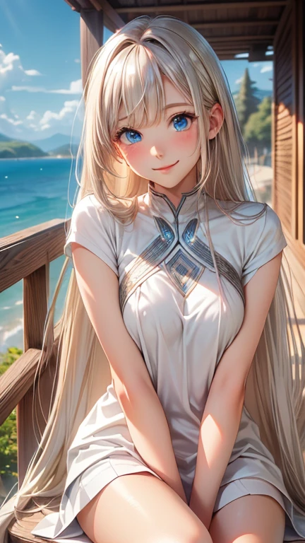 master piece , best quality , (matured female) , (wariza) , hand between legs , smile , full body, Shiny platinum blonde silk super long straight hair, beautiful shiny bangs, big clear sky blue eyes, very beautiful bright eye highlights, Embarrassing, Blushing
