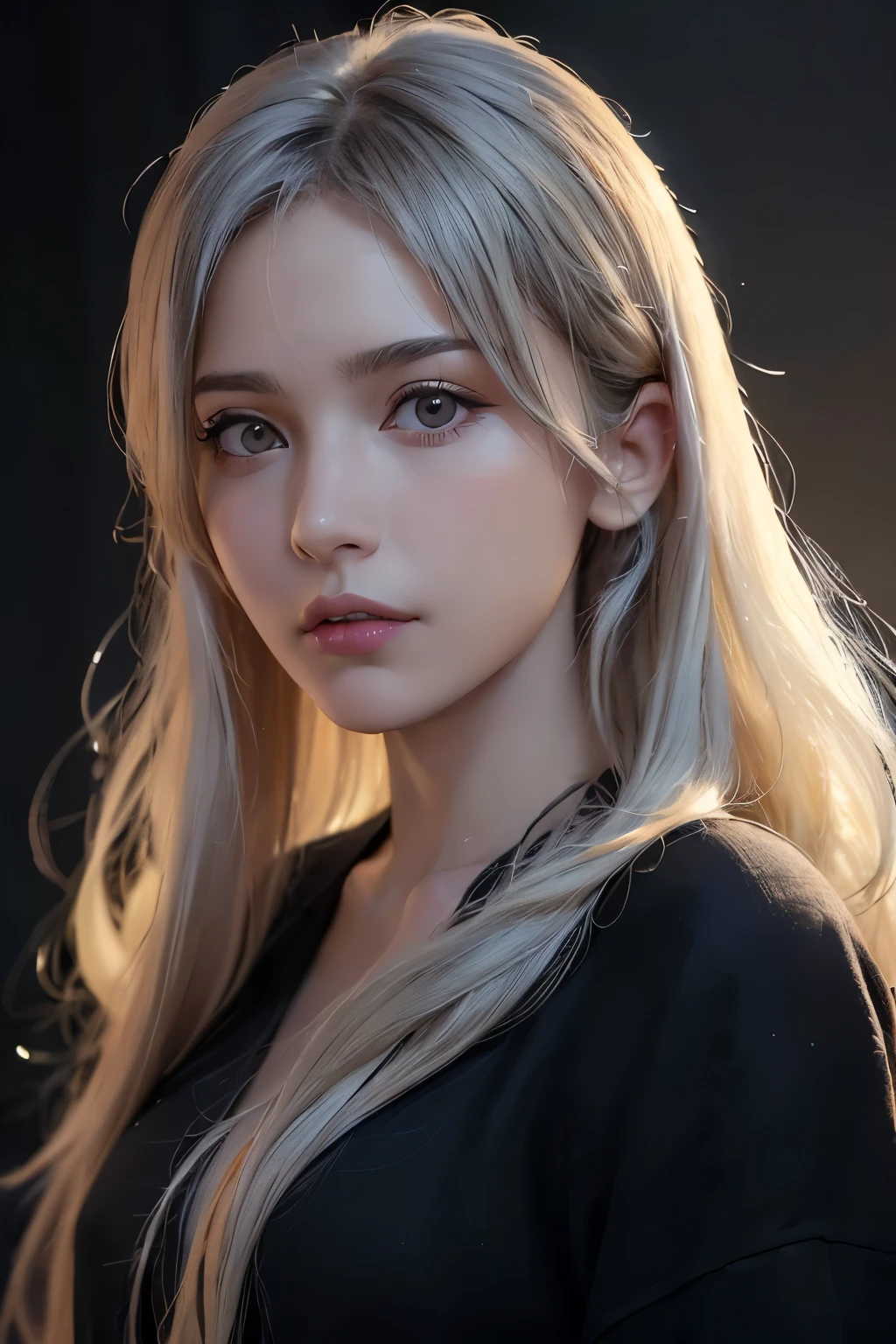 (in the dark:1.6), Surrealist female portraits by David Hockney and Alphonse Mucha,fantasy art, photo realistic, dynamic lighting, art station, poster, volumetric lighting, very detailed face, 4 thousand, Awards,, 1 woman, in the dark, deep shadows, low key,cowboy shot,(formal clothing:1.4) ,long hair,gray hair,
