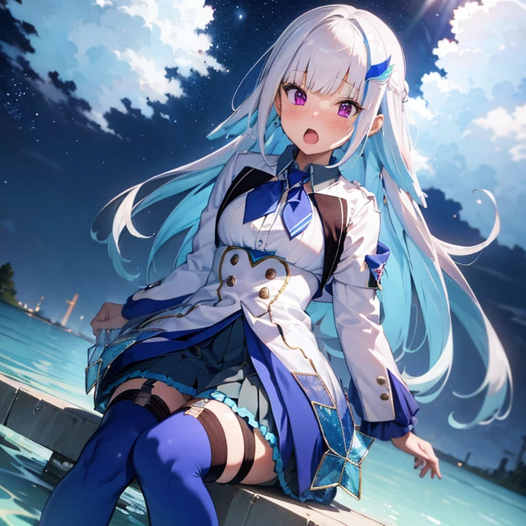 Highest quality,(Ahegao),blush, lh1, hair ornamnet, long hair, long sleeves, pleated skirt, blue thighhighs, 手链, frilled skirt, white jacket, white shirt, blue skirt, thigh strap, Dildo riding,squat,M-shaped legs