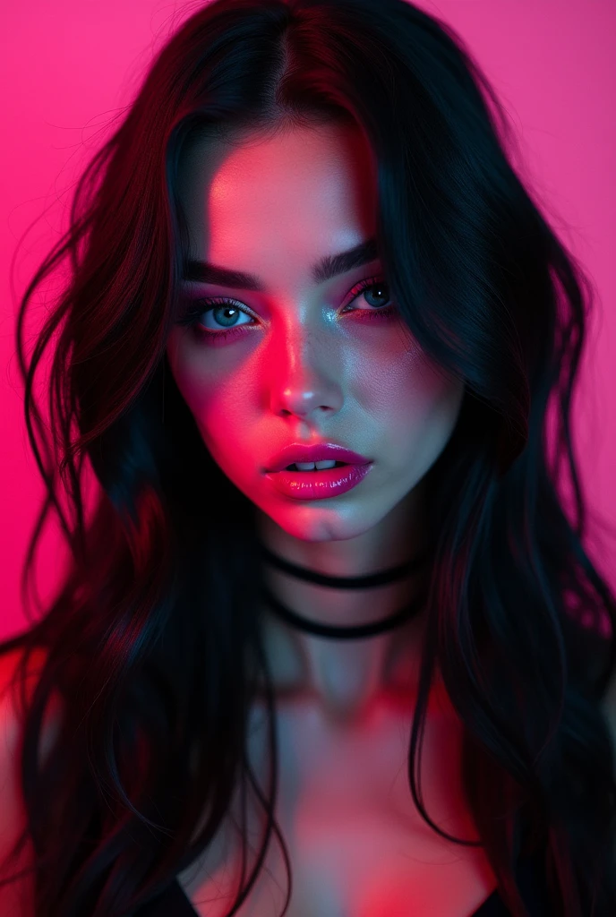 A 2 American girl who captures the essence of modern allure and edgy glamour. Her presence is magnetic, a combination of bold confidence and undeniable sex appeal. Her skin is a flawless porcelain, providing a striking contrast to her dark and vibrant aesthetic. Her hair is a mesmerizing cascade of jet-black strands, flowing down past her waist with neon pink and blaze red tips that add a rebellious flair. This striking hairstyle reflects her personality: bold, fearless, and unapologetically unique.
Her piercing blue eyes are a signature feature, exuding an intensity that draws people in. They are framed by thick, dramatic lashes and bold eyeliner, adding a touch of mystery and seduction to her gaze. Her full, plump lips are often painted in deep shades, such as a glossy black or vibrant red, enhancing her sensual appeal. Her makeup style is consistently bold and glamorous, featuring heavy eyeshadow that blends with neon colors, creating a captivating look that complements her overall aesthetic.
2 girls, two girls, big boobs