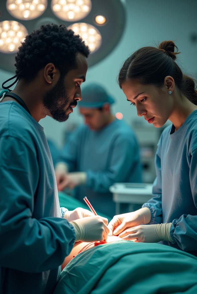 A picture of a proud black Cardiothoracic surgeon performing a high stress heart transplant on a female patient, with her son peering through the doors two way window, stressed.