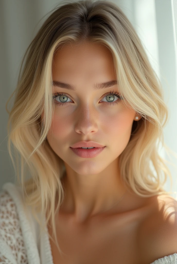 Young woman, blonde 20 years old, beautiful appearance, hair does not cover the face, make your hair straight